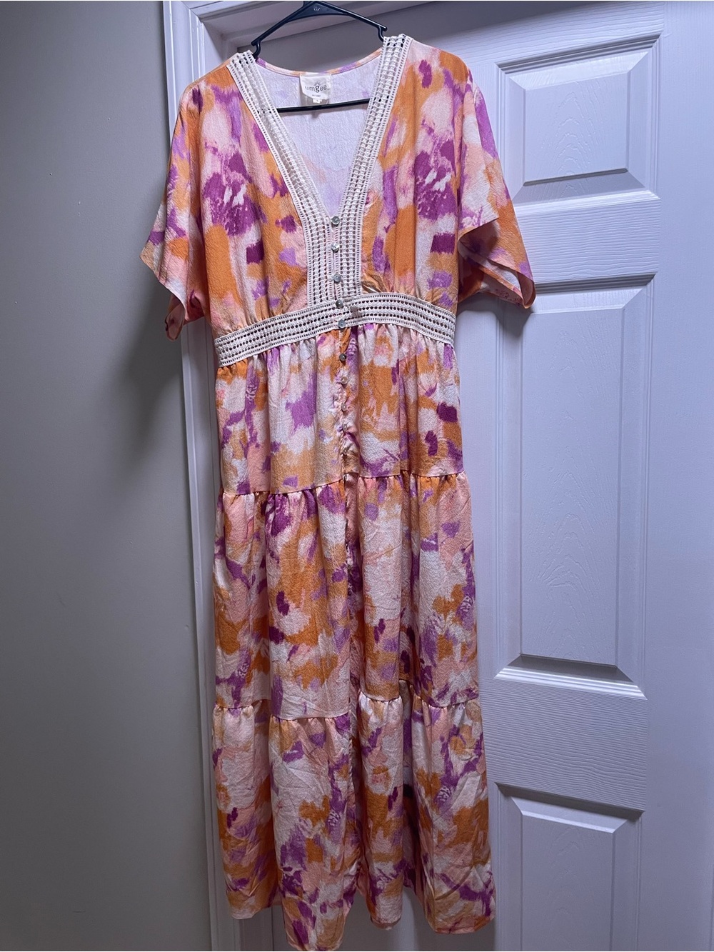 Umgee Peach & Lavender Floral Crochet-Trim V-Neck Dress